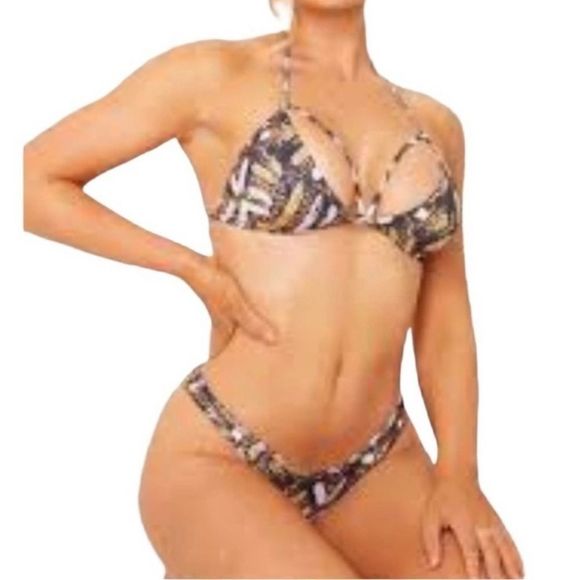 NWT pretty little things Brown Tribal Print Triangle Bikini Top & bottom… - Picture 2 of 8